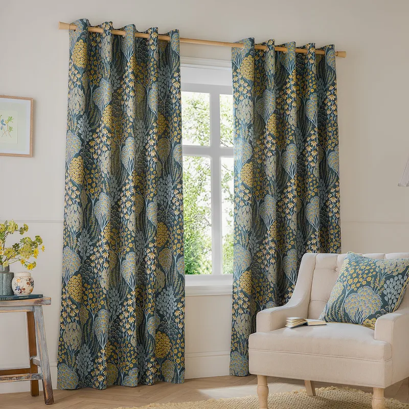 Wylder Ophelia Floral Room Darkening Eyelet Curtain Pair in Blue Size: 168 cm width x 137 cm drop Blue 168 cm width x 137 cm drop