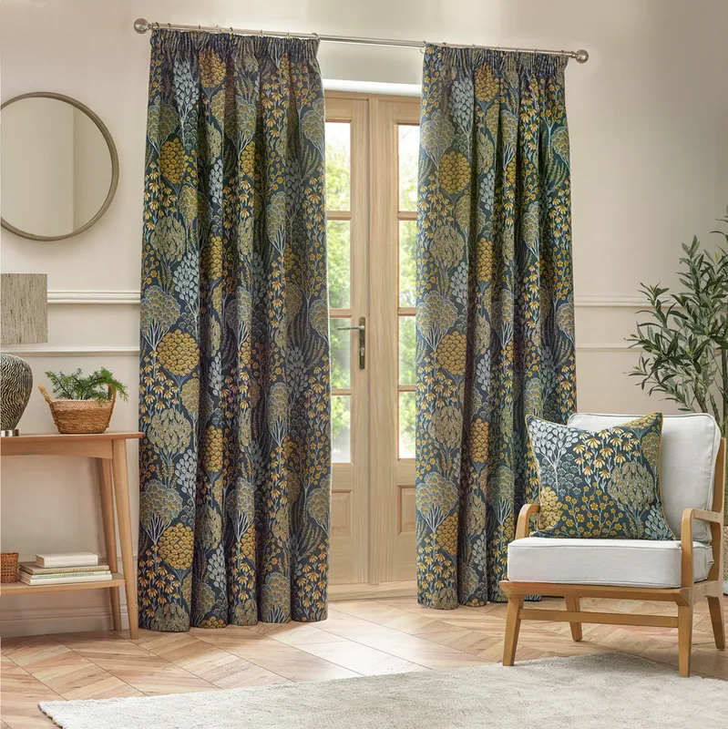 Wylder Ophelia Floral Jacquard Pencil Pleat Curtains - Blue - Size 168 Cm X 229 Cm