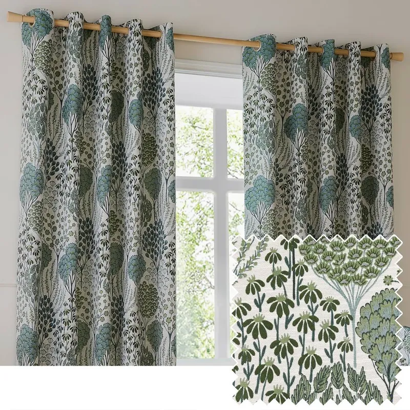 Wylder Nature Ophelia Floral Jacquard Ready Made Eyelet Blockout Curtains Thyme Mineral