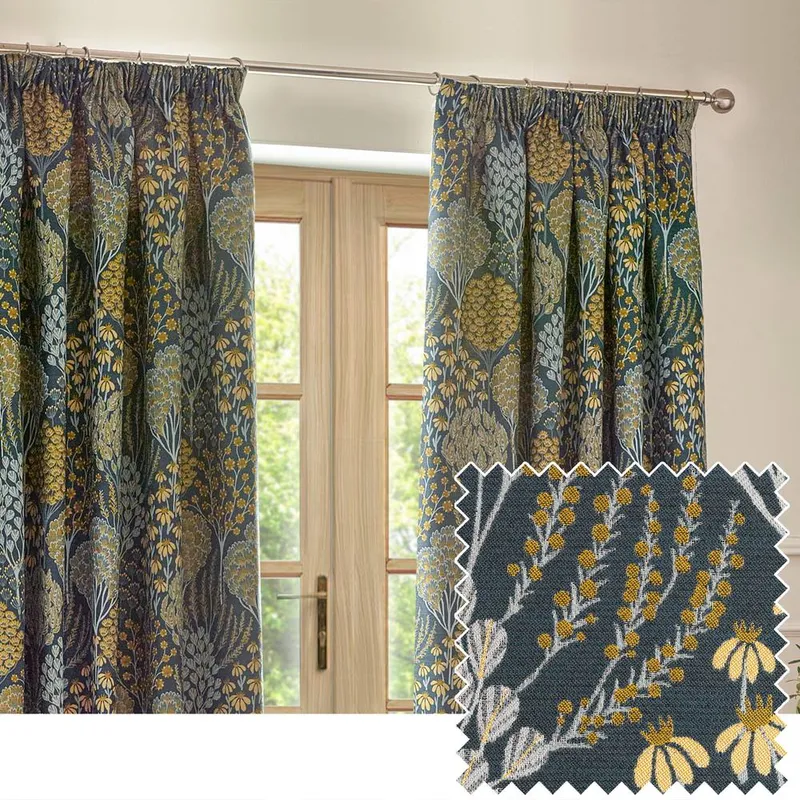 Terrys Ophelia Floral Jacquard Ready Made Pencil Pleat Curtains Blue Saffron