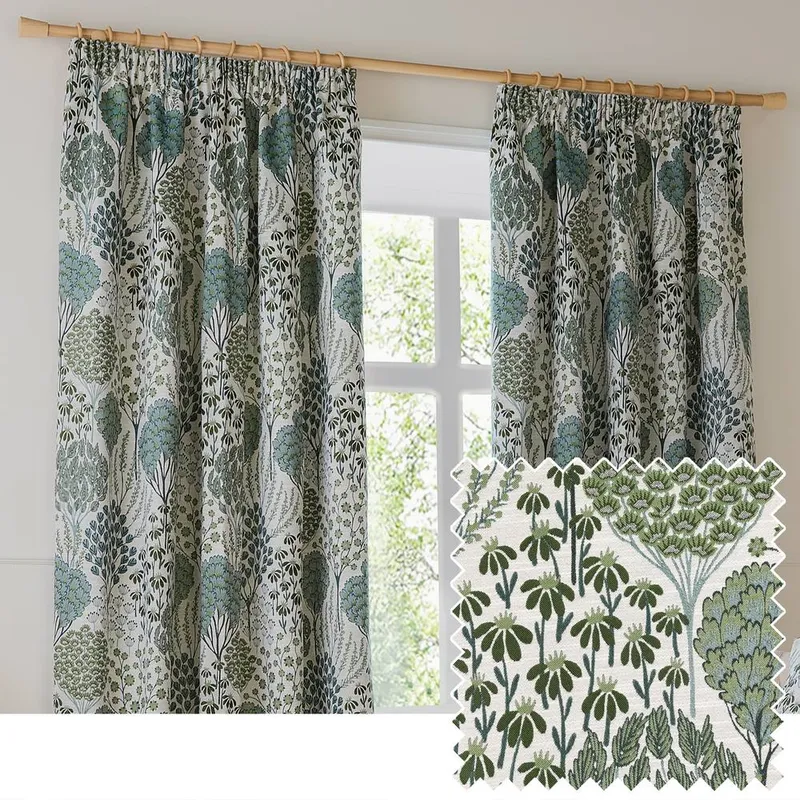 Wylder Ophelia Jacquard Floral Ready Made Blockout Curtains Thyme Mineral