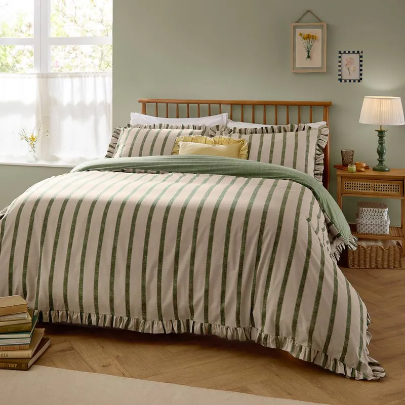 Wylder Unisex Connie Striped Ruffle Duvet Cover Set in Green Size: Double Green female