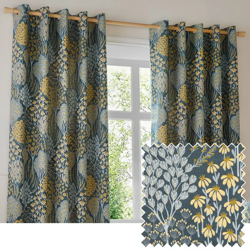 Wylder Ophelia Floral Room Darkening Eyelet Curtain Pair in Blue Size: 229cm width x 229cm drop - Blue