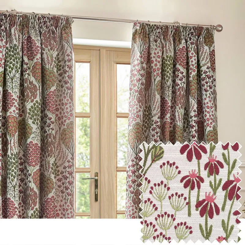 Terrys Ophelia Floral Jacquard Ready Made Pencil Pleat Curtains Rednut