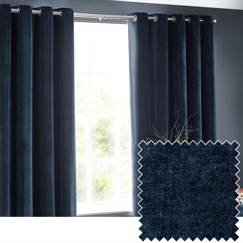 Terrys Yard Heavy Chenille Velvet Ready Made Eyelet Curtains Navy