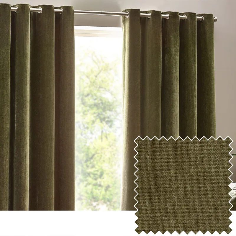 Terrys Yard Heavy Chenille Velvet Ready Made Eyelet Curtains Olive