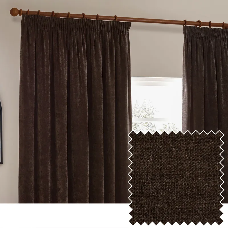 Yard Heavy Chenille Velvet Ready Made Pencil Pleat Curtains Greige