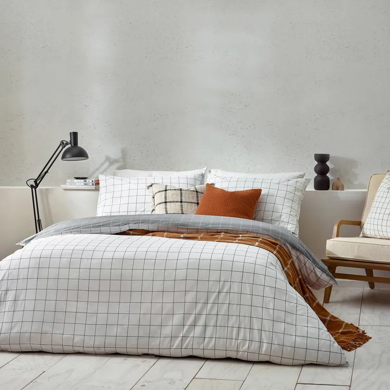 Yard Howarth Check Reversible Duvet Cover Set - White Cotton - Size Super King