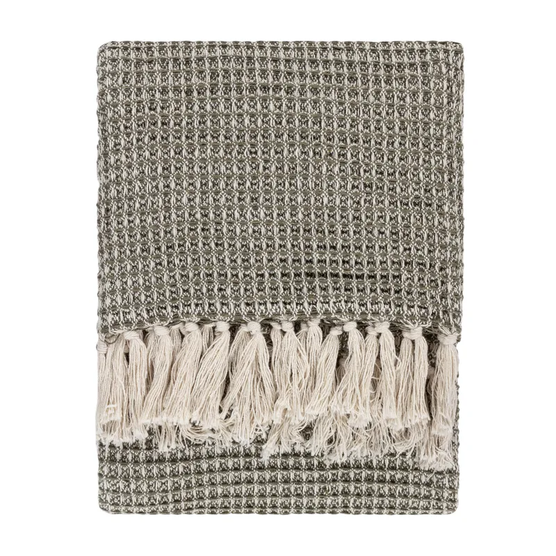 Yard Lorne Waffle Fringed Throw - Green Cotton - Size 150 Cm X 200 Cm