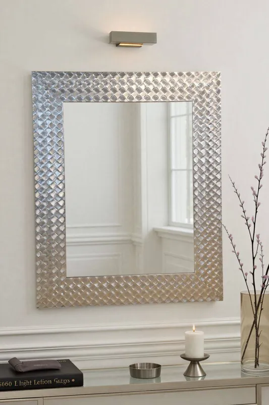 Yearn Mirrors Hammered Silver Framed Bevelled Mirror in Metallic Silver Metallic Silver
