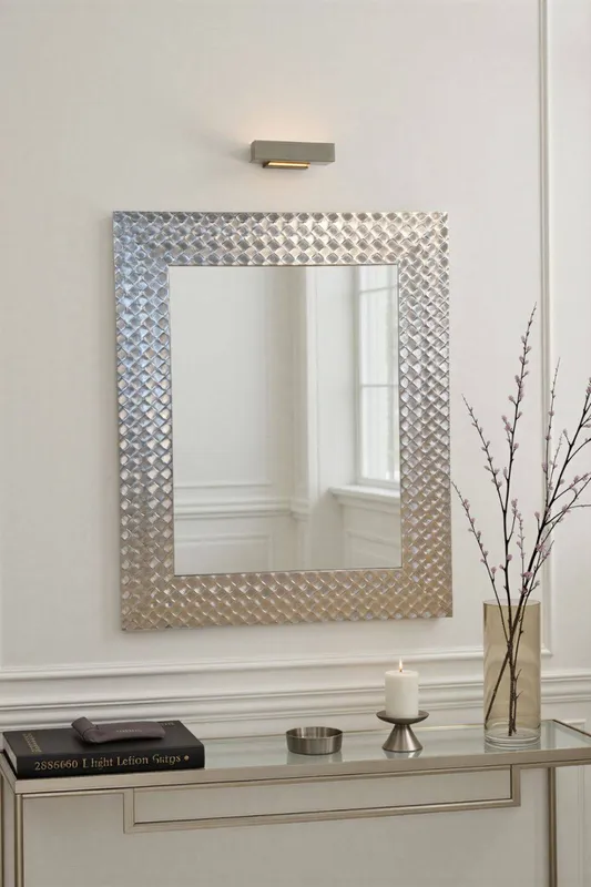 Yearn Mirrors Hammered Silver Framed Bevelled Mirror in Metallic Silver Metallic Silver