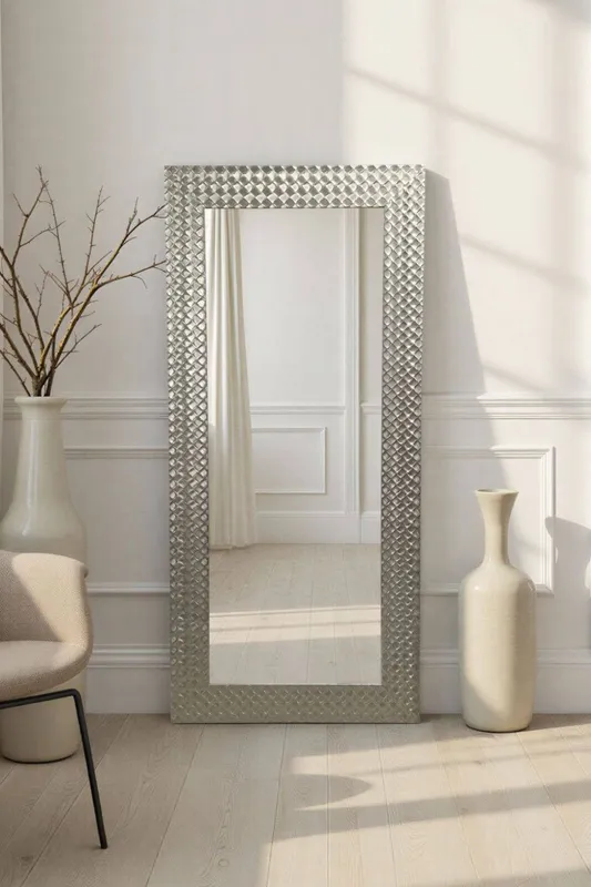 Yearn Mirrors Hammered Tall Silver Framed Bevelled Mirror in Metallic Silver Metallic Silver