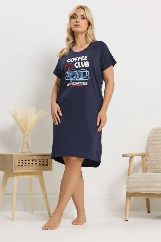 Yours Women's 'Coffee Club' Dipped Back Nightdress in Dark Navy Size: 26-28 - Dark Navy