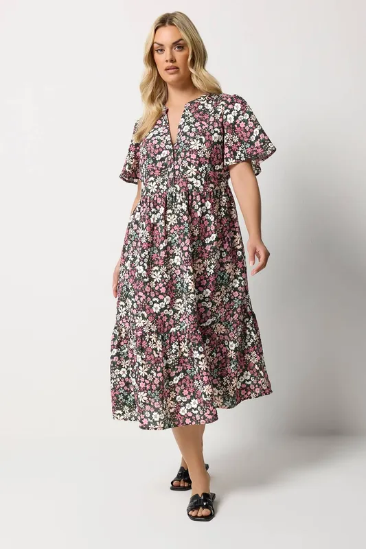 Yours Women's Floral Placket Dress in Black Size: 20 Black 20