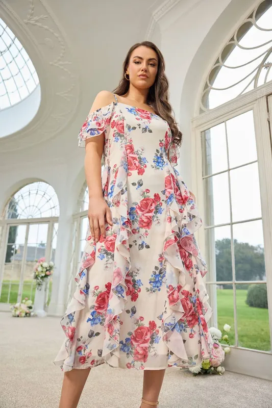 Yours Women's Floral Ruffle Dress in Cream Size: 20 - Cream