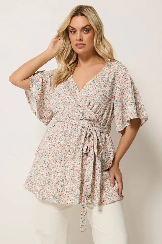 Yours Women's Floral Textured Wrap Top in Natural Size: 20 - Natural