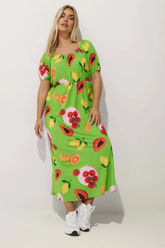 Yours Women's Fruit Print Bardot Dress in Green Size: 14 - Green
