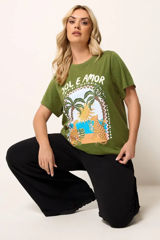 Yours Women's Graphic Printed T-Shirt in Olive Size: 18 Olive