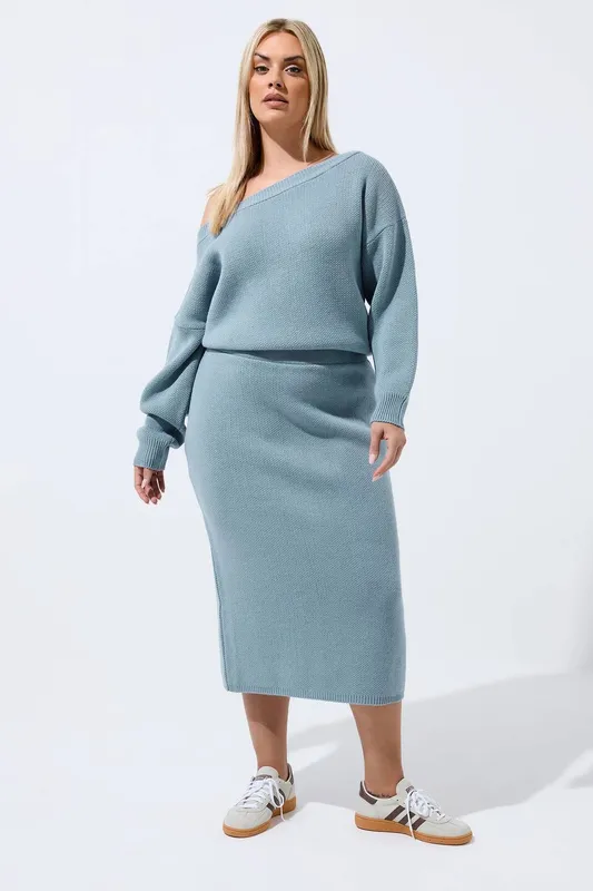 Yours Women's Knitted Midi Skirt in Light Blue Size: 14-16 Light Blue 14-16