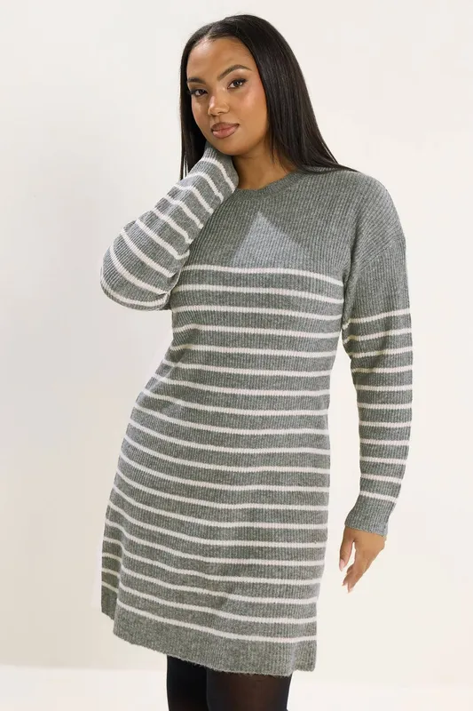 Yours Women's Knitted Striped Dress in Grey Size: 18-20 Grey 18-20