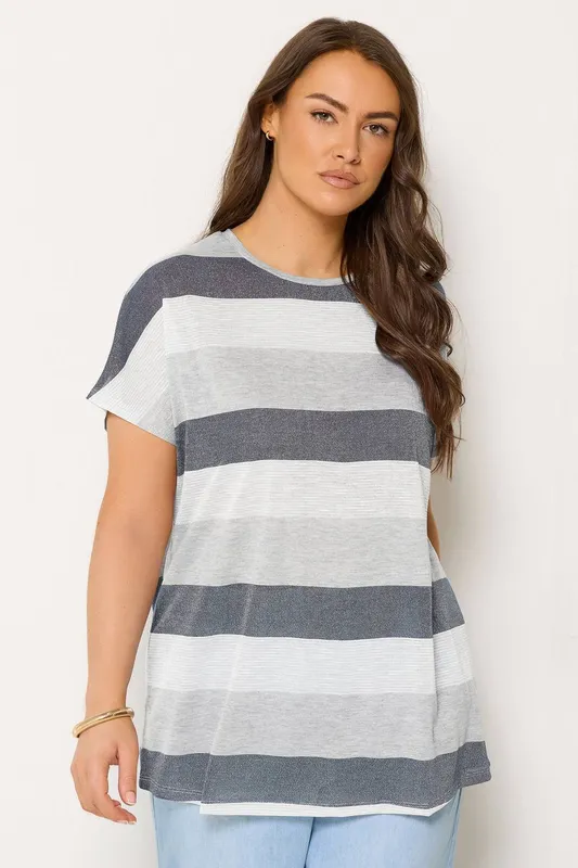 Yours Women's Metallic Stripe T-Shirt in Grey Size: 22-24 - Grey - Size: 22-24