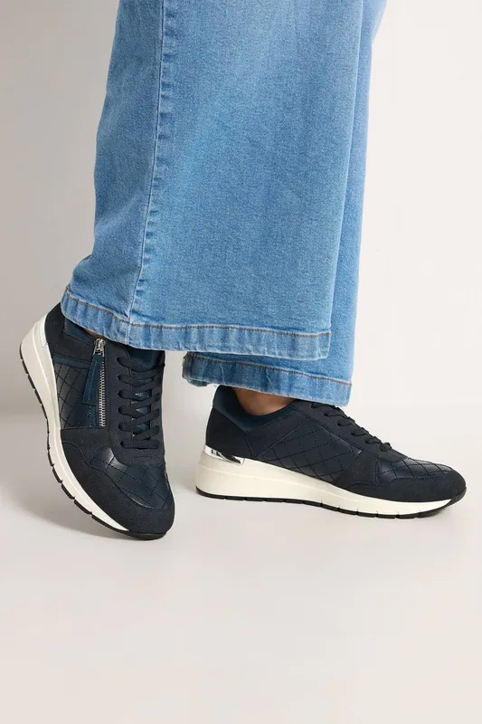 Yours Women's Quilted Wedge Trainers In Wide E Fit in Dark Navy Size: 6E - Dark Navy