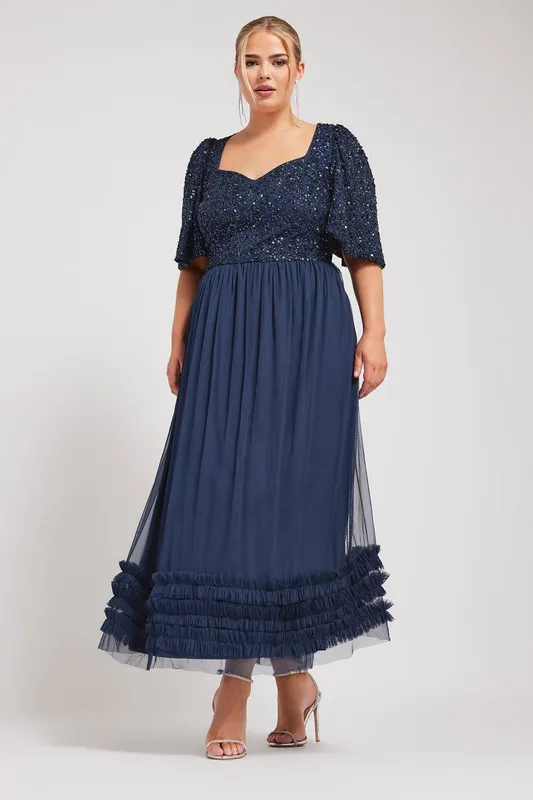 Yours Women's Sequin Sweetheart Ruffle Maxi Dress in Blue Size: 14 - Blue