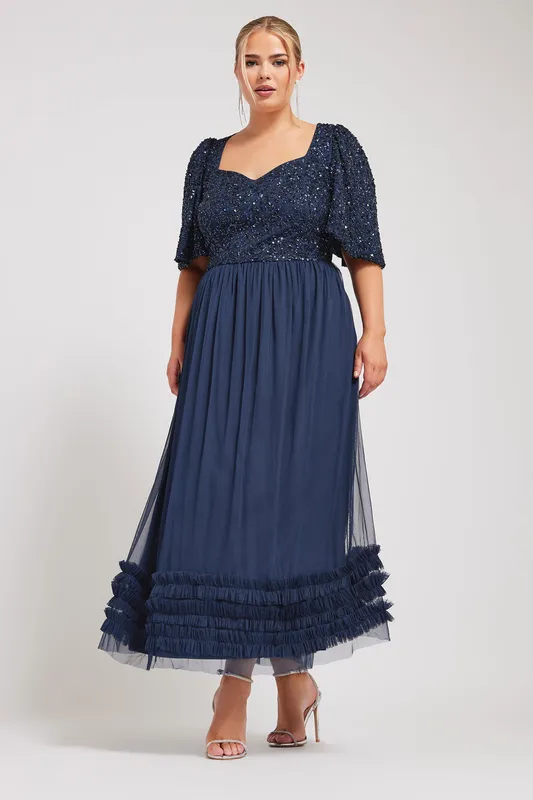 Yours Women's Sequin Sweetheart Ruffle Maxi Dress in Blue Size: 16 Blue 16