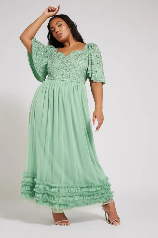Yours Women's Sequin Sweetheart Ruffle Maxi Dress in Light Green Size: 20 - Light Green