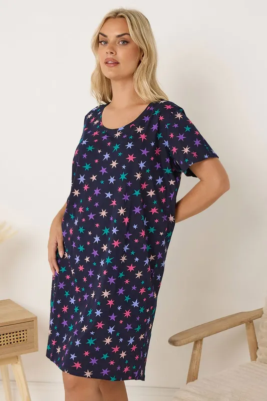 Yours Women's Star Print Nightdress in Dark Navy Size: 26-28 - Dark Navy