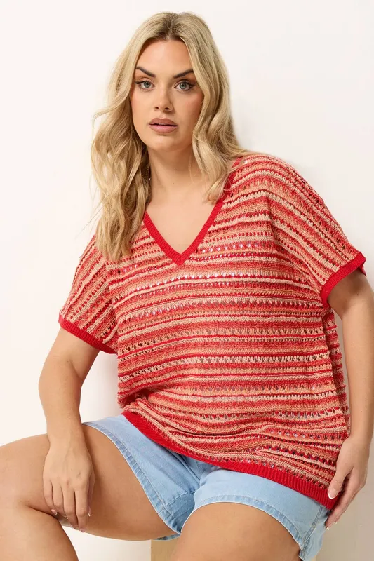 Yours Women's Stripe Boxy Knitted Top in Red Size: 30-32 Red 30-32