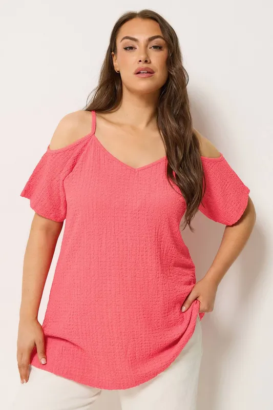 Yours Women's Textured Cold Shoulder Top in Coral Size: 18 - Coral