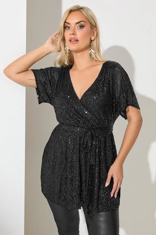 Yours Women's Wrap Sequin Top in Black Size: 16 - Black - Size: 16