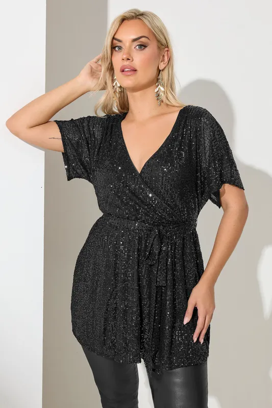 Yours Women's Wrap Sequin Top in Black Size: 22-24 Black 22-24