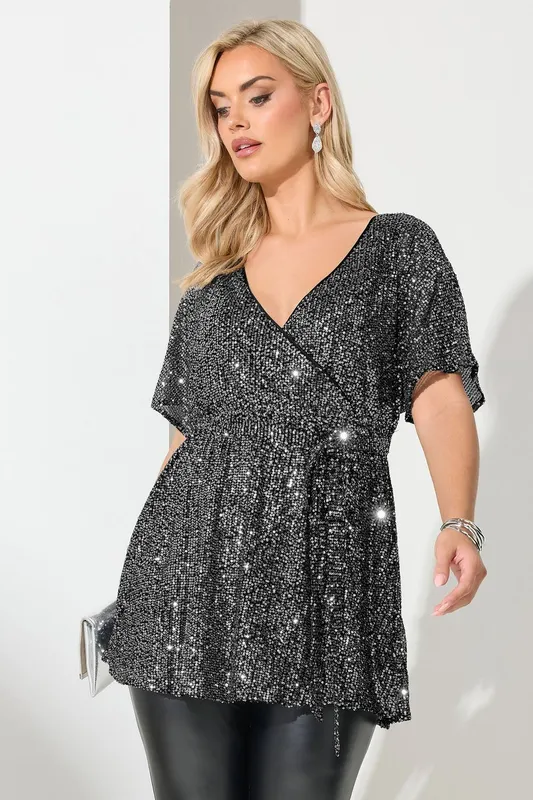 Yours Women's Wrap Sequin Top in Silver Size: 14 - Silver