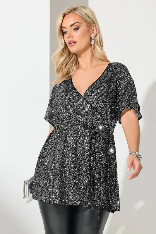 Yours Women's Wrap Sequin Top in Silver Size: 16 - Silver