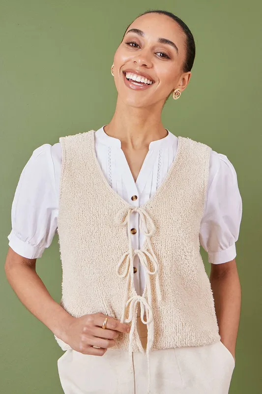 Yumi Women's Beige Knitted Tie Detail Knitted Waistcoat Size: Small - Beige
