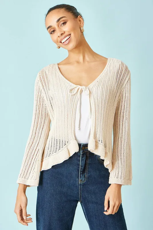 Yumi Women's Beige Tie Front Pointelle Cardigan Size: Medium Beige M
