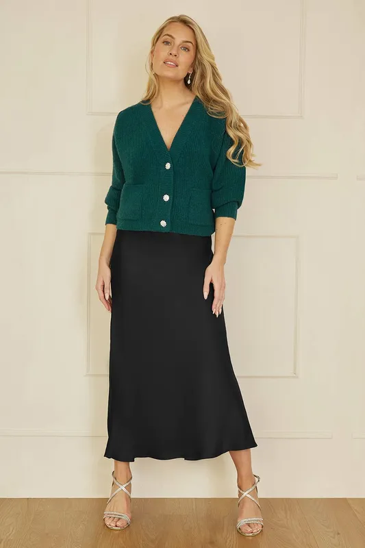 Yumi Women's Black Satin Midi Skirt Size: 8 Black 8