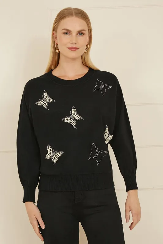 Yumi Women's Black Sequin Butterfly Jumper Size: Small Black S