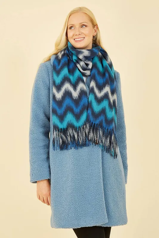 Yumi Women's Blue Zig Zag Printed Scarf - Blue