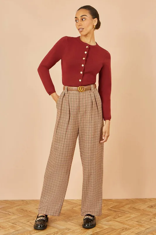 Yumi Women's Brown Check Wide Leg Trousers Size: 10 - Brown