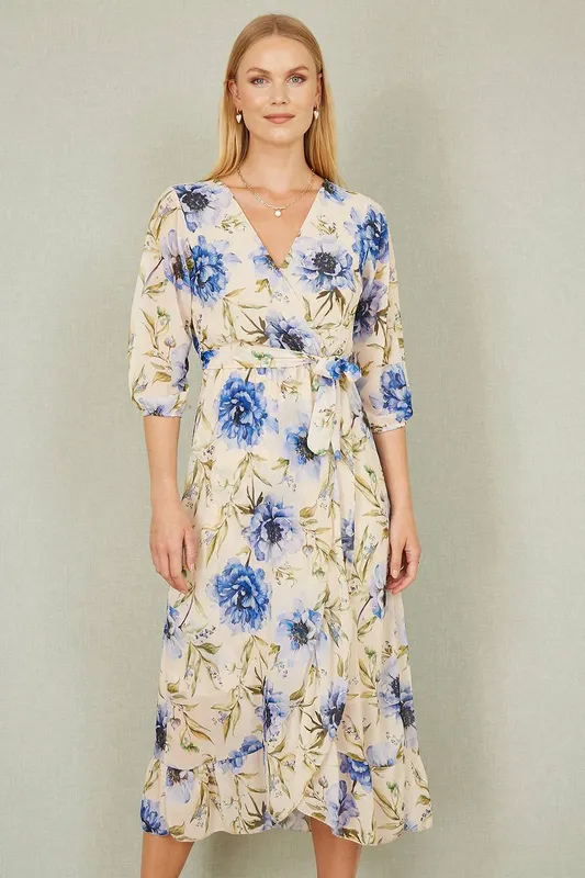 Yumi Women's Cream Vintage Floral Wrap Midi Dress w/ Frill Size: 12 Cream 12 female