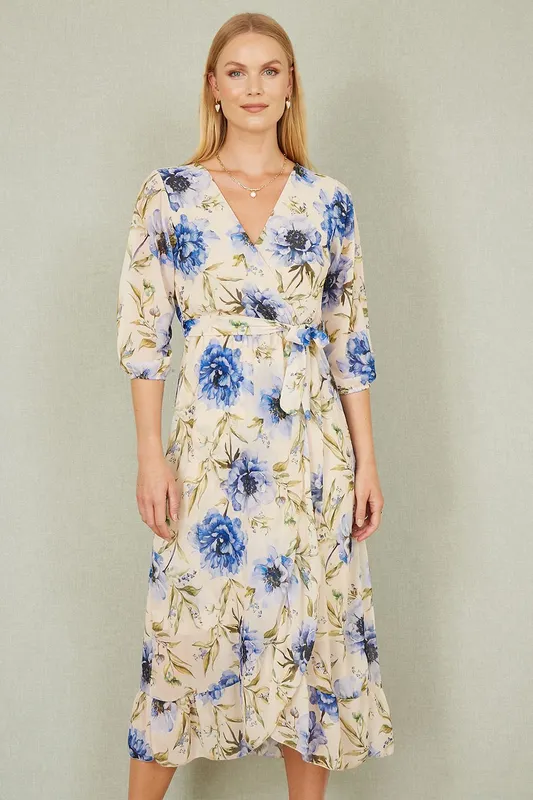 Yumi Women's Cream Vintage Floral Wrap Midi Dress With Frill Size: 16 Cream