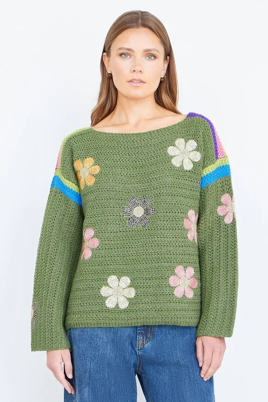 Yumi Women's Green Crochet Flower Jumper Size: Small Green S