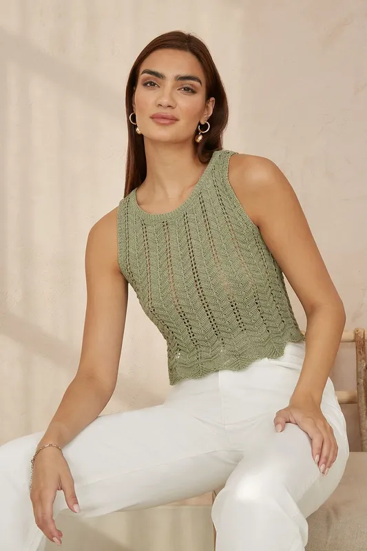 Yumi Women's Green Crochet Knitted Tank Top Size: Large Green L