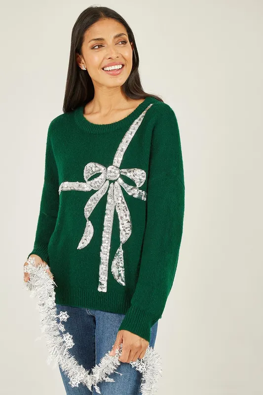 Yumi Women's Green Sequin Bow Knitted Jumper Size: Small Green S
