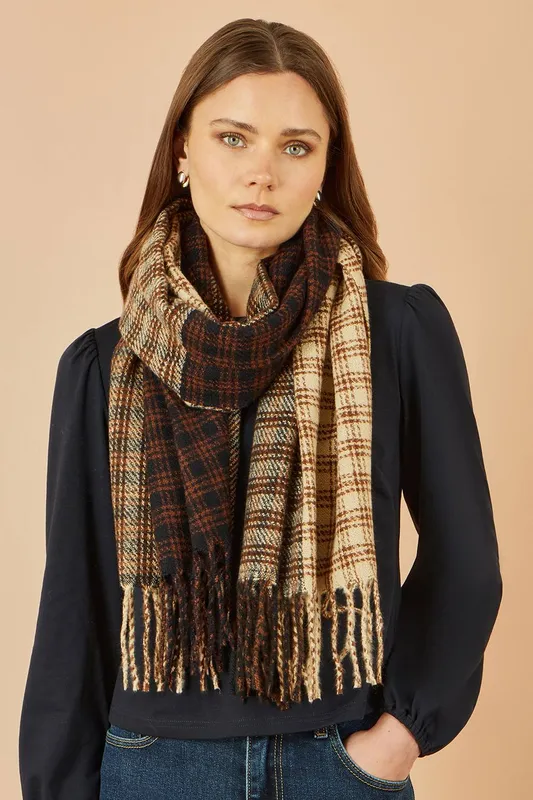 Yumi Women's Mixed Check Brown Scarf Brown One Size