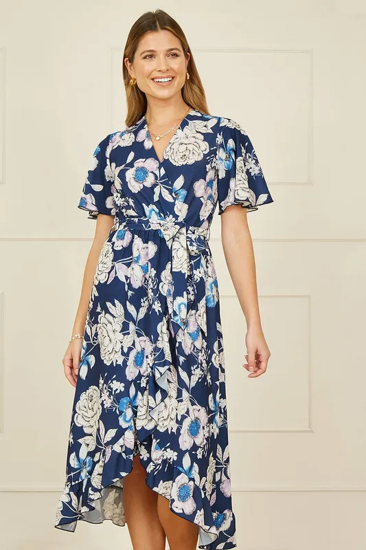 Yumi Women's Navy Floral Midi Wrap Dress Size: 16 Navy 16