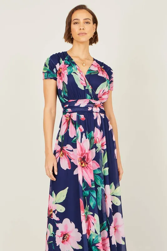 Yumi Women's Navy Mesh Floral Maxi Dress Size: 8 Navy 8